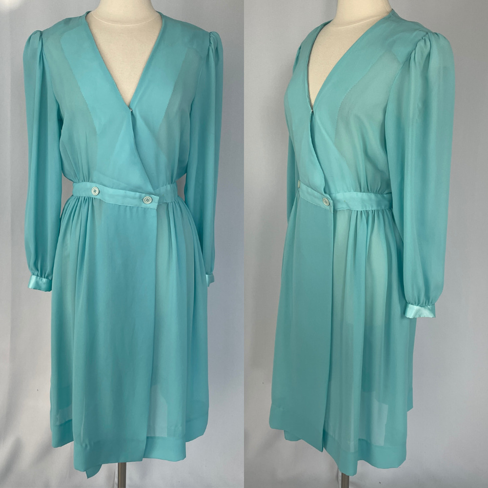 Vintage Dress Size 10 Teal Blue Pastel Wrap A Line Minimal Midi Sheer Office 80s
